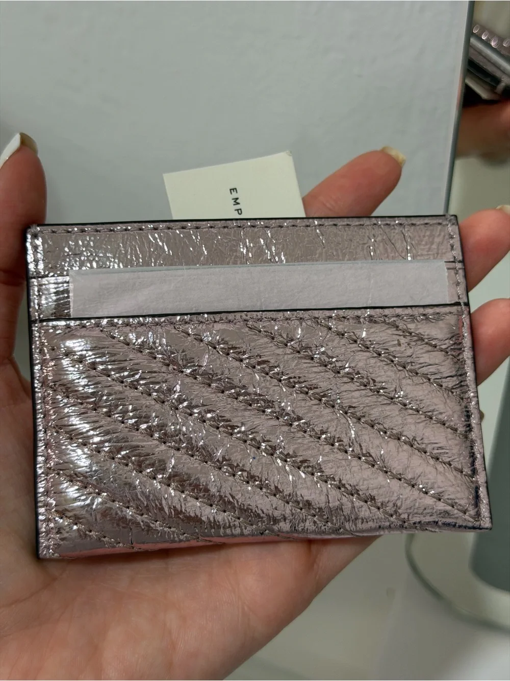 Emporio Armani Metallic Quilted Card Holder in Sparkle Pink